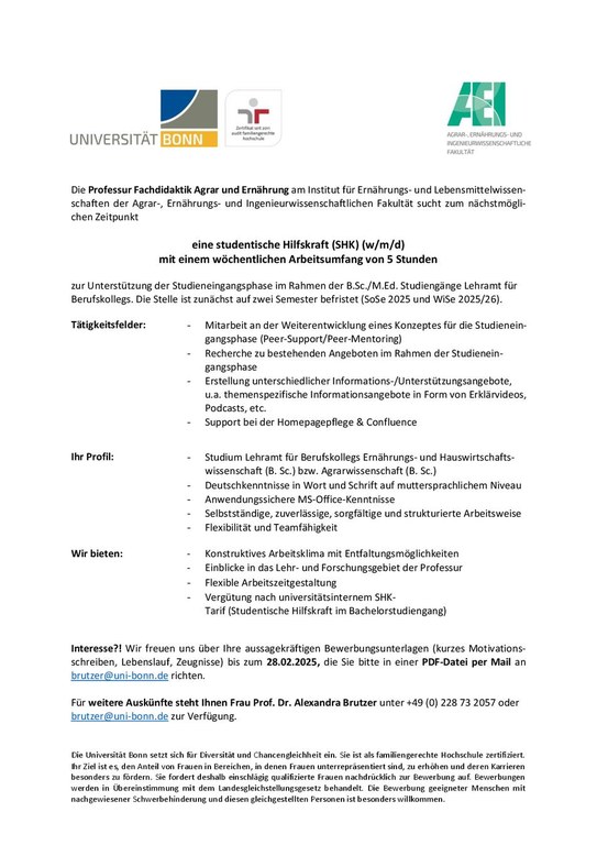 Stellenangebot: SHK im Projekt "Studieneingangsphase (5h/Woche (w/m/d))