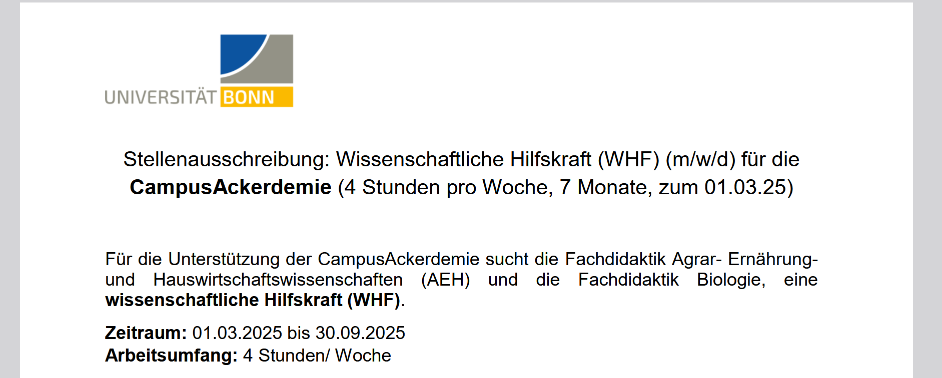 Stellenangebot: WHF für die "CampusAckerdemie" (4h/W)